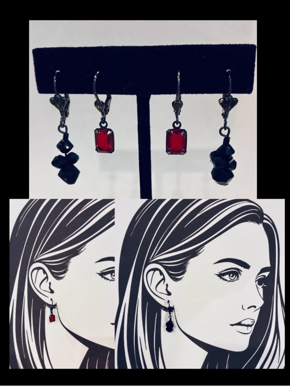 EUC 2 pairs earrings
Silver tone black lever back pierced garnet red and black